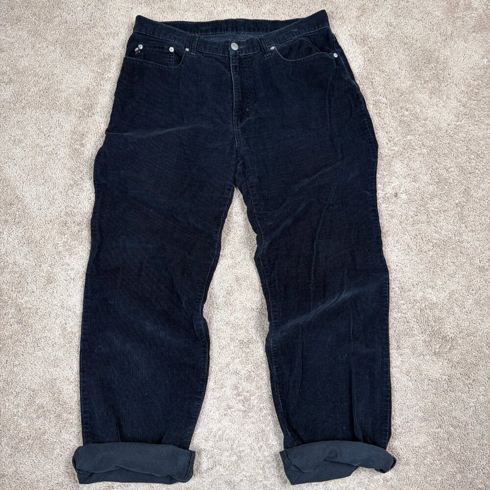Ralph Lauren Polo Pants Women 12 Black Corduroy Saturday Jean USA Flag Patch Vtg